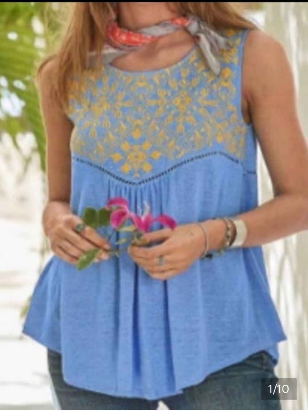 Sundance Light Blue Tank with Yellow Embroidered Yoke Size Medium